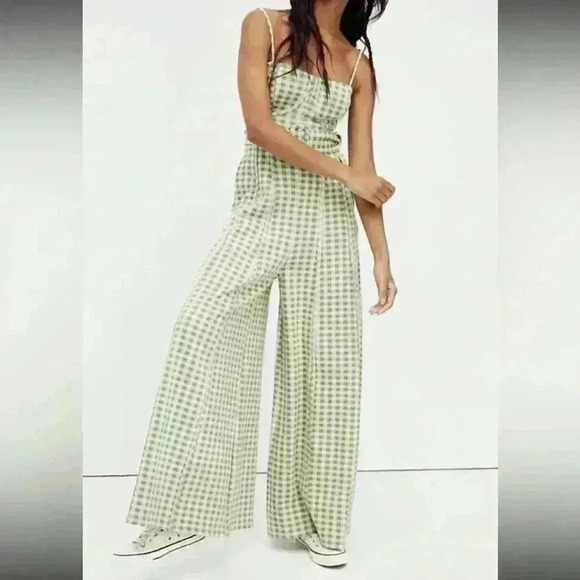 Free People Hold‎ Me Tights Gingham Wide Leg Jumpsuit Green Linen Blend Size XS